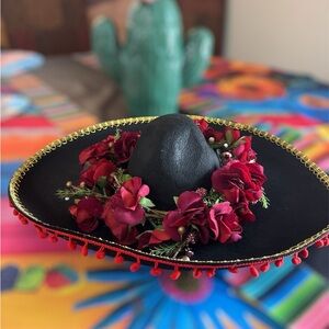 Elegant Black and Red Floral Sombrero